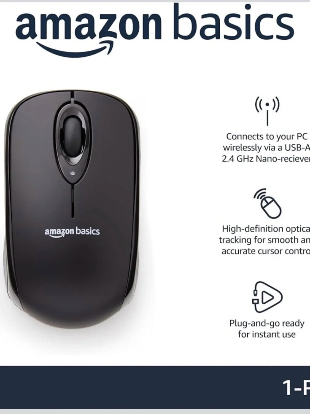 AmazonBasics Black Wireless Optical Mouse - Comfortable USB Mouse